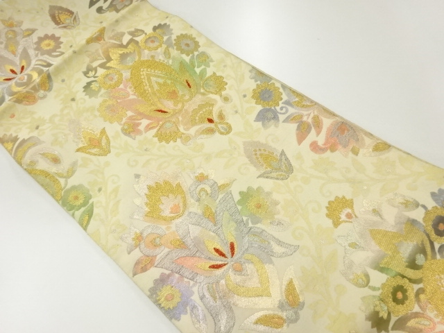 アンティーク　草花模様織出し袋帯（材料）